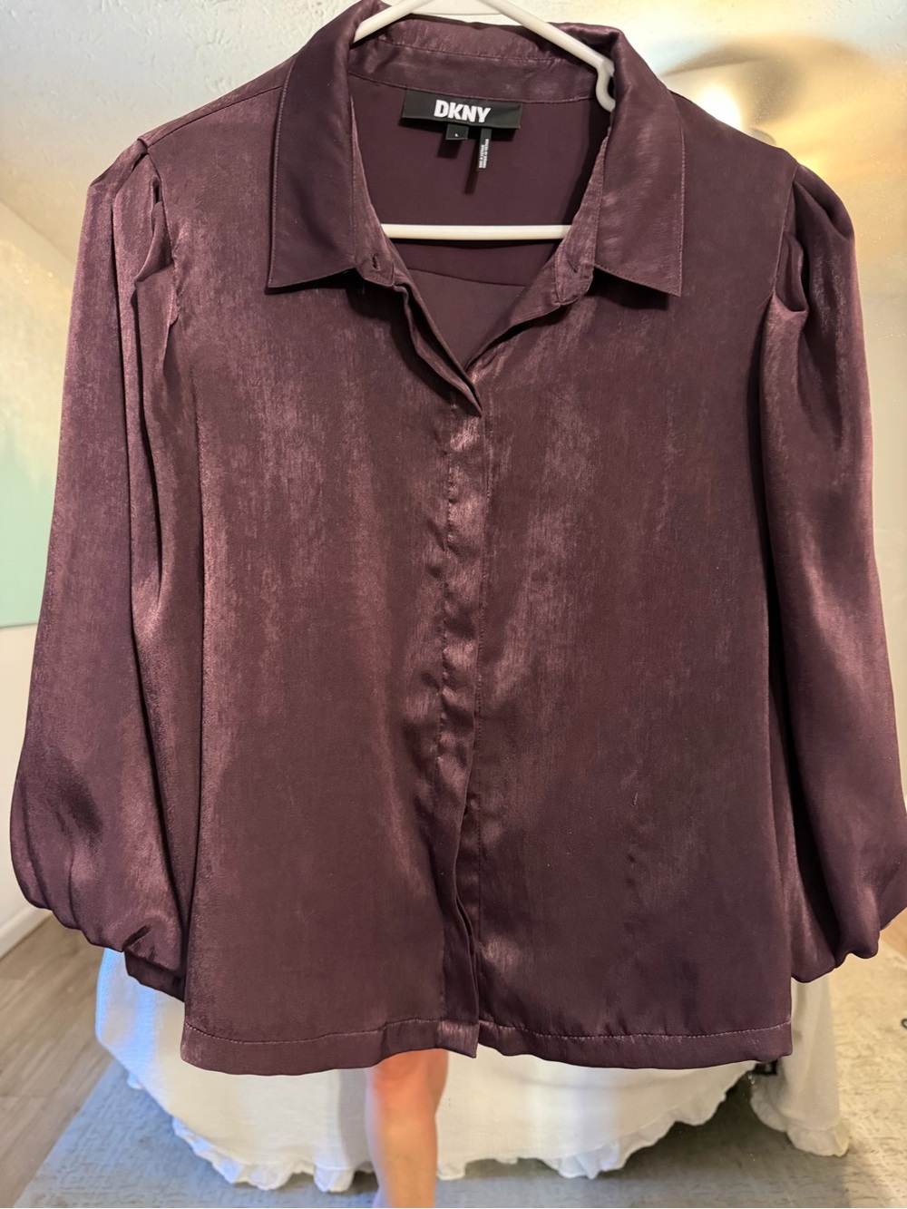 DKNY Plum Satin Button-Down Blouse